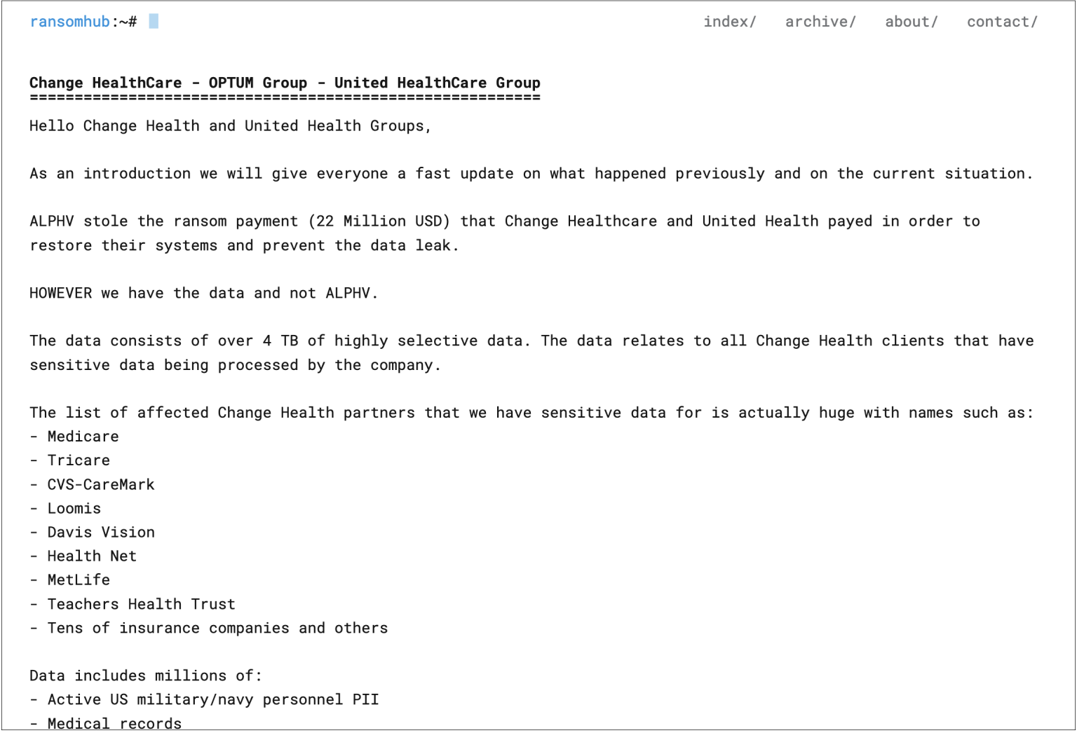 ALPHV website announcing the UnitedHealth breach