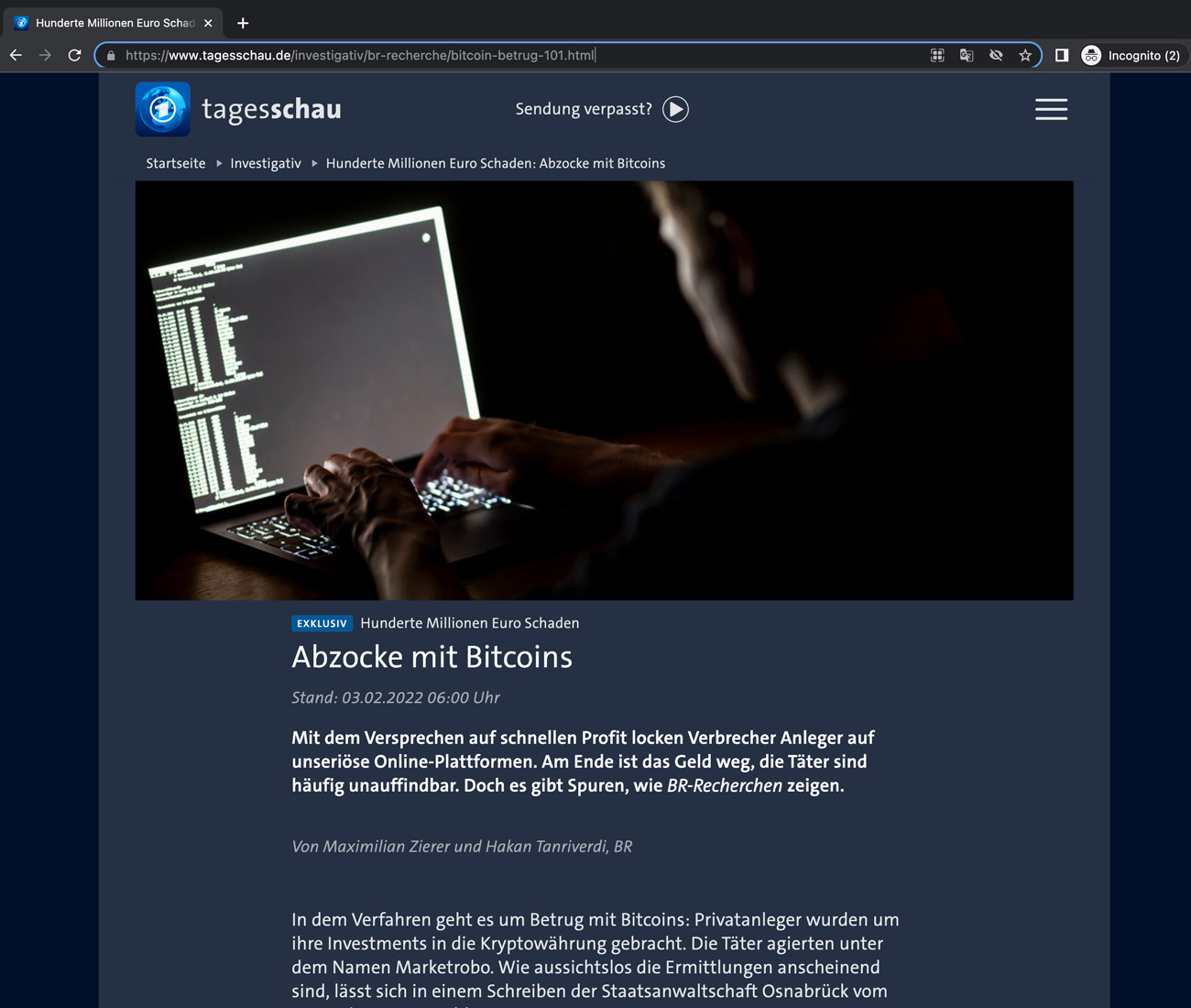One of the links in the e-mail points to a real article about a financial fraud investigation on the genuine website of a popular German TV news show