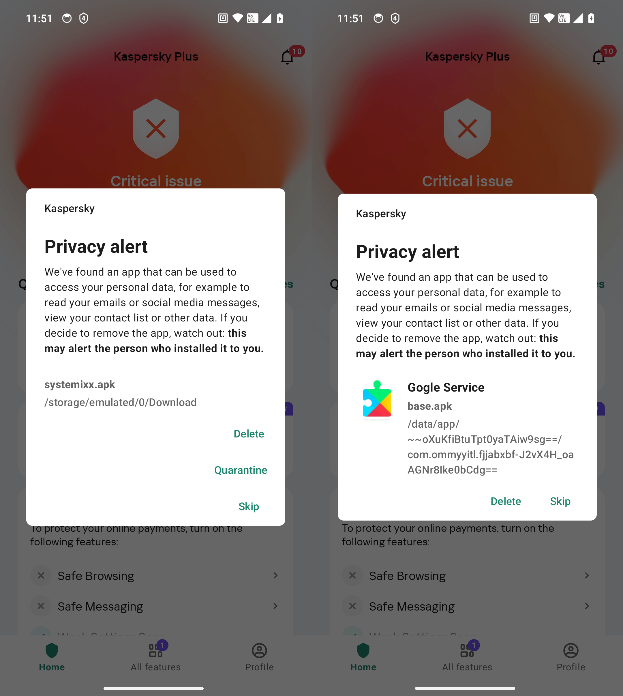 Kaspersky for Android detects both installed stalkerware apps (on the right) and their installation files (on the left)