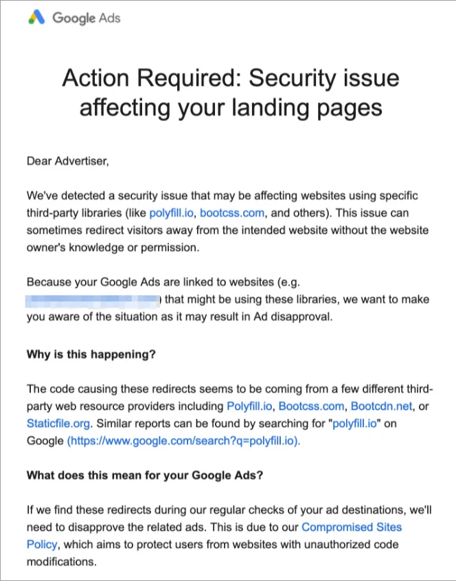 A Google Ads warning about malicious activity on a website