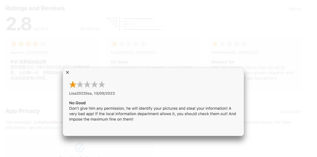 Negative review of the ComeCome app in the App Store