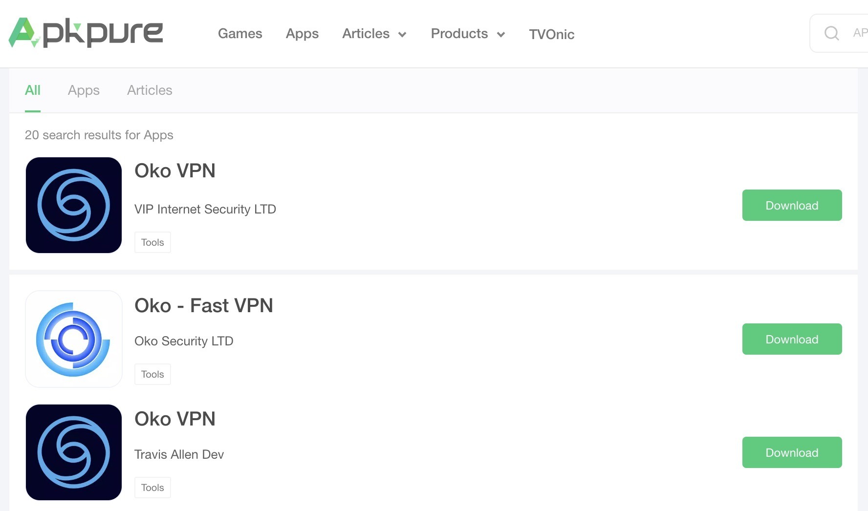 Oko VPN na loja de aplicativos não oficial APKPure