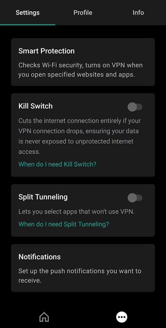 Einstellungen von Kaspersky VPN Secure Connection für Android.