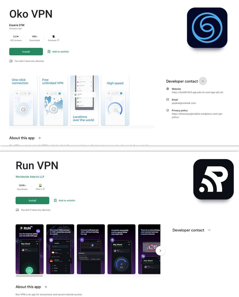 Google PlayのOko VPNとRun VPN