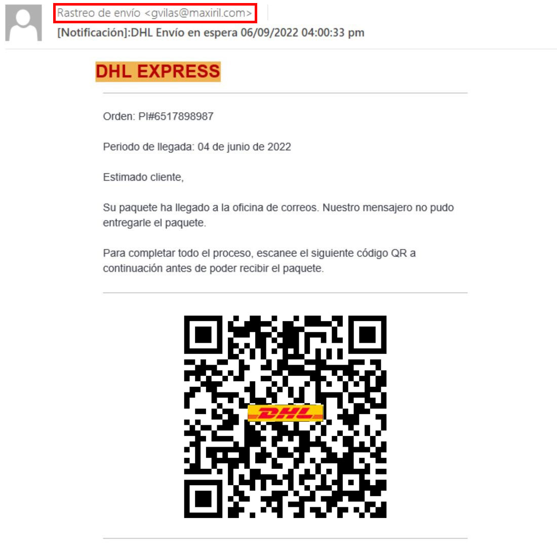 E-mail met QR-code die zogenaamd van DHL afkomstig is Voor de veiligheid hebben we de QR-code in de schermafbeelding vervangen door een onschadelijke QR-code